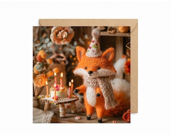 May include: A handmade orange fox plush toy wearing a party hat and scarf, standing next to a small birthday cake with lit candles. The card is brown and has a square shape.