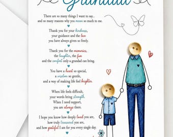May include: A greeting card titled To My Grandad featuring a poem and a button art illustration of an adult and a child holding hands. The adult wears a teal shirt and blue pants, while the child wears a light blue shirt and blue shorts.