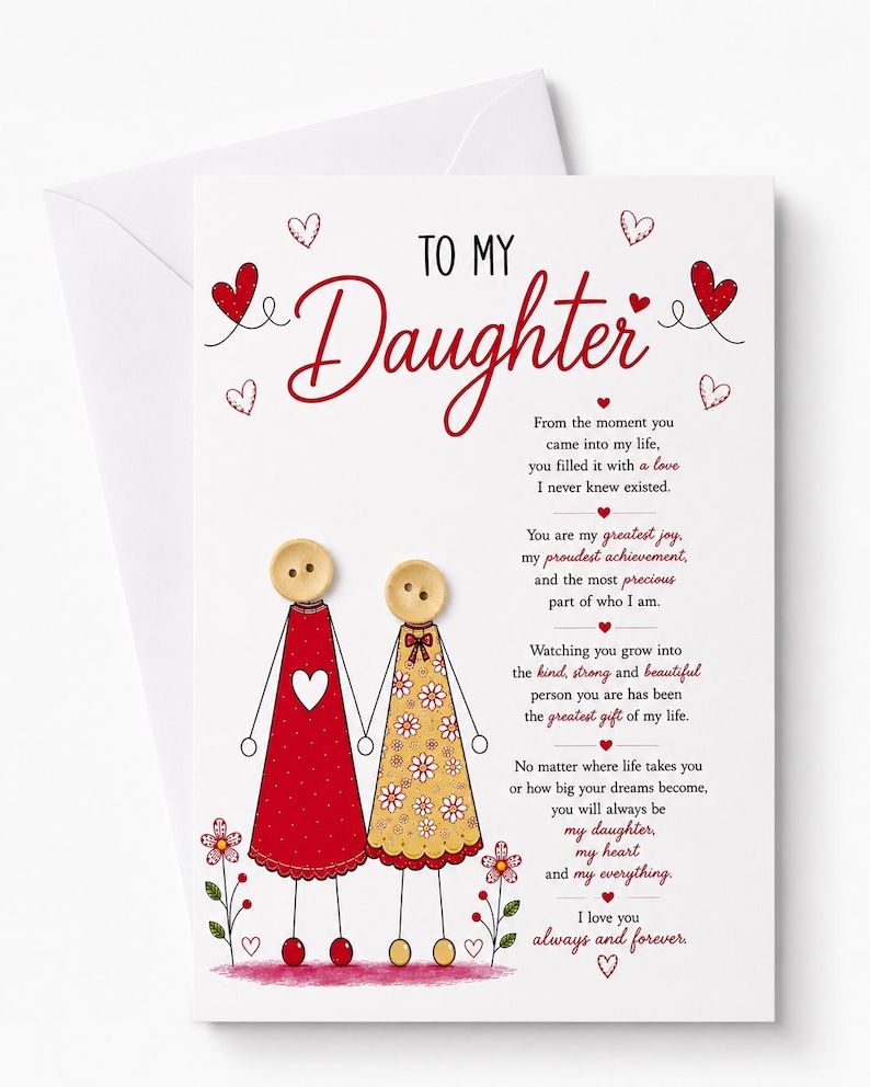 May include: A greeting card with a white envelope featuring the text TO MY Daughter and a poem. The illustration shows two figures with button heads, one in a red dress with a white heart and one in a yellow floral dress, standing among small flowers.