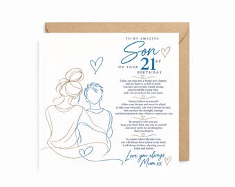 May include: A square greeting card with a brown envelope featuring a continuous line drawing of a person with a bun and a shorter-haired person sitting together. Blue and gold text reads: To my amazing Son on your 21st birthday, followed by a poem and Love you always Mum xx.