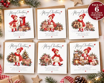 May include: A pack of six 6 x 6 inch square Christmas greeting cards featuring illustrations of a goose wearing a red hat, scarf, and boots. Each card displays the text Merry Christmas and various holiday scenes with gifts, trees, and lanterns.