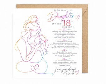 May include: A square greeting card featuring a colorful gradient line art illustration of a parent and child embracing. The text reads: TO MY BEAUTIFUL Daughter ON YOUR 18TH BIRTHDAY, followed by a sentimental poem and the signature Love you always Mum xx.