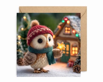 May include: A square greeting card featuring a fluffy brown owl wearing a red knit hat with a pom-pom and a teal scarf. The owl holds a glowing yellow star. In the background, a small house with colorful lights and pine trees are visible.
