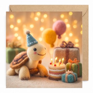 May include: A felted turtle figurine wearing a small blue party hat, positioned next to a miniature layered cake with lit candles and several wrapped gift boxes. The scene features soft, warm lighting and a festive, celebratory atmosphere.