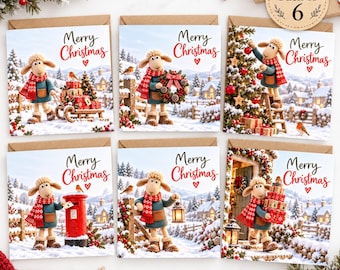 May include: A set of six square greeting cards featuring a sheep character in a red patterned scarf and blue sweater. Each card shows the sheep in a snowy winter landscape with the text Merry Christmas. The cards are packaged as a pack of 6.