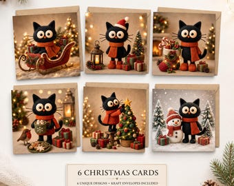 May include: A set of six Christmas cards featuring a black cat character wearing an orange scarf in various holiday scenes, including a sleigh, a snowman, and a decorated tree. The set includes kraft envelopes and the text 6 CHRISTMAS CARDS.