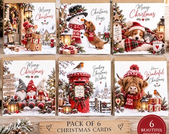 May include: A set of six Christmas cards featuring festive illustrations including a mouse, a snowman with a dog, a puppy and kitten, three gnomes, a red mailbox, and a highland cow, all with holiday greetings and winter scenes.