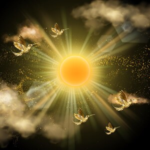 Op de afbeelding: Gouden kolibries vliegen naar een heldere gele zon met stralen licht die er vanaf komen, tegen een donkere achtergrond met wolken en glinsterend stof.