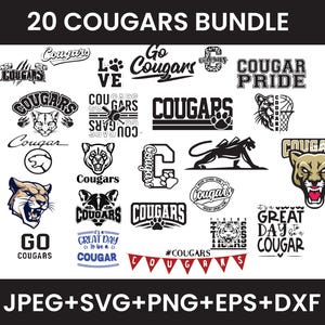 May include: A bundle of 20 Cougar-themed designs in black, white, and gold. The designs feature text like "Cougars", "Go Cougars", and "Cougar Pride", alongside various cougar illustrations and logos. File formats include JPEG, SVG, PNG, EPS, and DXF.