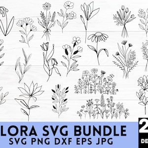 Bundle Svg de fleurs sauvages, prairie de fleurs Svg, bordure de fleurs SVG, bouquet de fleurs minimaliste, clipart fleurs sauvages, fleur croquis Svg
