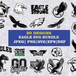 Könnte beinhalten: Eine Sammlung von 20 Adler-Designs im SVG-Format in Schwarz und Weiß. Die Designs umfassen Adlerillustrationen, Text mit der Aufschrift "Eagles", "Eagle Strong" und "Go Eagles". Das Bundle enthält JPEG-, PNG-, SVG-, EPS- und DXF-Dateiformate.