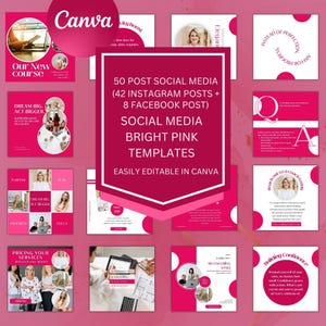May include: A collection of bright pink social media templates for Instagram and Facebook, with the Canva logo in the upper left corner. The templates include text such as "Our New Course" and "Dream Big, Act Bigger."