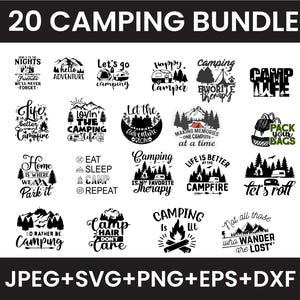 Paquete SVG de camping, SVG de vida en campamento, SVG de campamento, SVG de campista, SVG de fogata, archivos de corte de camping, refranes de campamento, archivos SVG para Cricut, PNG de campamento, SVG