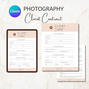May include: A photography client contract template displayed on a tablet and printed on paper. The contract includes sections for client information, session details, and photography services. The design features a soft color palette and the word "Photography" in a script font.