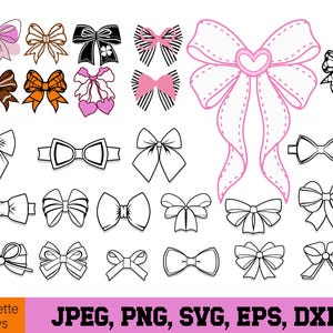 May include: A collection of various bow illustrations in black and white outlines, some with pink, brown, or orange color accents. The designs include simple bows, striped patterns, and a large central bow featuring a heart shape in the center.