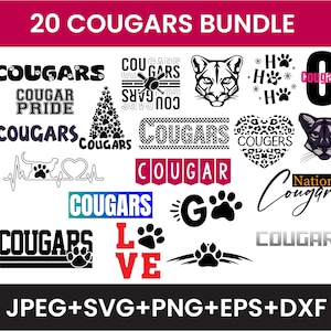 Cougars SVG, Pacote com 20 Cougars SVG, Arquivo de Corte Cougars, Cricut, Escola de Mascotes, Go Cougars, Pele de Leopardo, Futebol Americano, Pompom, Pata, Silhueta, PNG