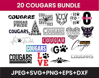 May include: A set of 20 black and white digital design files featuring the word "Cougars" in various styles and designs. The designs include a paw print, a heart, a cougar head, and a Christmas tree. The text "JPEG+SVG+PNG+EPS+DXF" is at the bottom of the image.