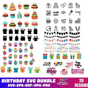 Birthday SVG Bundle, Hand Drawn Birthday Illustrations, Party Doodles, Birthday Celebration Clipart for Cards, Invitations, Signs