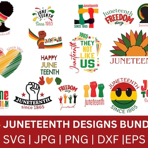 Peut inclure: Un ensemble de 16 motifs Juneteenth avec diverses illustrations et éléments textuels. Les motifs comprennent des silhouettes, des cœurs et des poings, avec des phrases comme "Juneteenth" et "Freedom Day". Disponibles en formats SVG, JPG, PNG, DXF et EPS.