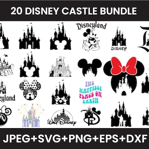 Pacote svg de castelo, svg de princesa, clipart de castelo, Mickey Mouse Heart Head, svg de reino mágico, arquivos de corte para silhueta cricut