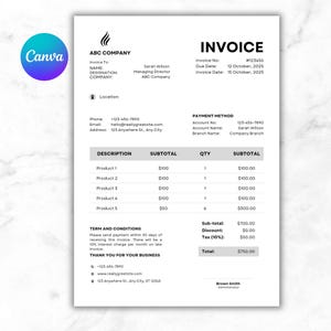May include: A business invoice template with a simple, professional design. The document includes fields for company details, invoice information, payment methods, and a detailed breakdown of products with subtotals, tax, and a total amount. The invoice is from ABC Company.