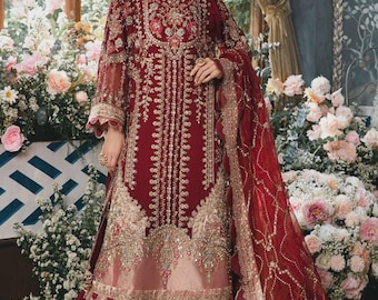 Kastanjebruine Pakistaanse bruids Sharara geborduurde lange vrouwen kamerjas, Indiase bruidsmeisje desi pak, Aziatische Punjabi designer bruiloft gast set