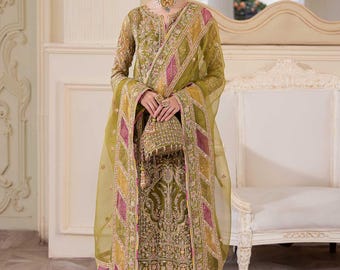 Olive Green Sharara | Mehndi Dress Bride | Pakistani Party Wear | Wedding Guest Suit Organza Punjabi Elegant