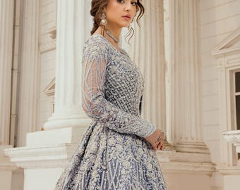 Ice Blue Bridal Maxi Dress, Hand Embroidered Net Lehenga for Pakistani Wedding, Nikkah, Reception & Engagement, South Asian Couture