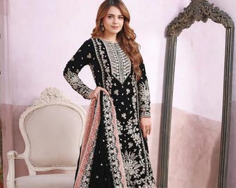 Black Velvet Salwar Kameez | Hand Embroidered Pakistani Indian 3 Piece Suit | Eid Mehndi Party Formal Guest Outfit