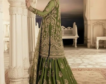 Bridal Gharara Set | Dry Hina Olive Green Hand Embroidered Pakistani Indian Wedding Dress | Mehndi Nikkah Engagement Outfit