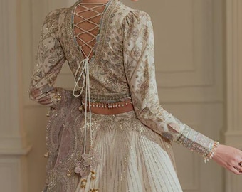 Bridal Lehenga Choli | Milky White Hand Embroidered Organza Pakistani Indian Wedding Maxi | Nikkah Engagement Mehndi Guest Party Wear