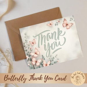 Bloemen bedankkaartje | Zachte pastelkleurige vlinderkaart | Afdrukbare bloemenbedankkaart | Direct downloaden | cadeau voor haar lente-dankbaarheidskaart