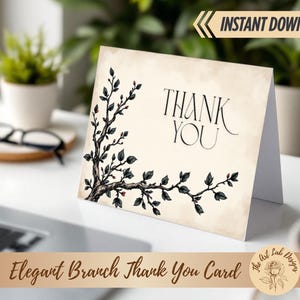 Rustiek-botanisch bedankkaartje: vintage takontwerp (digitale download)