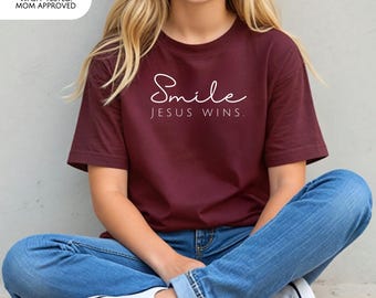 Smile Jesus Wins Kids Tee Shirt Christian Youth Tee Faith Gift for Girls Boys Minimalist Religious Sunday School Toddler Top Gospel Apparel