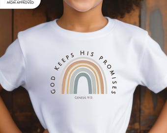 Genesis 9 13 Kids Christian Shirt Youth Faith Tee Boho Rainbow Top God Keeps Promises Sunday School Gift Bible Verse Kids Little Believer
