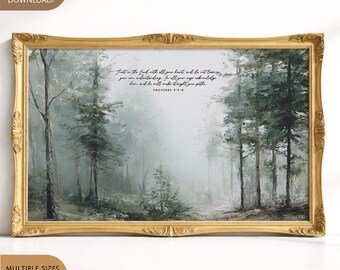 Proverbs 3 5 6 Art Misty Forest Scripture Digital Bible Verse Poster Christian Home Decor Modern Faith Print Nature Wall Hanging Landscape