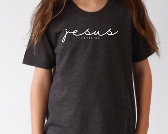 Jesus Loves Me Kids Christian Shirt Youth Faith Tee Minimalist Script Sunday School Outfit Church Gift Scripture Apparel Gospel Clothing