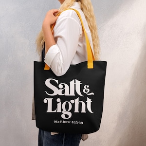 Christian Tote Bag Bible Study Church Accessory White Letters Design Scripture Shoulder Womens Pastel Color Handles Faith Gift Idea Matthew