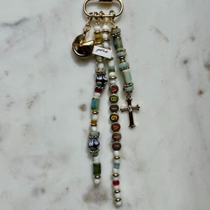 Handmade Beaded Keychain/ Bag Charm with Glass, Ceramic, and stone Beads, custom name and charms