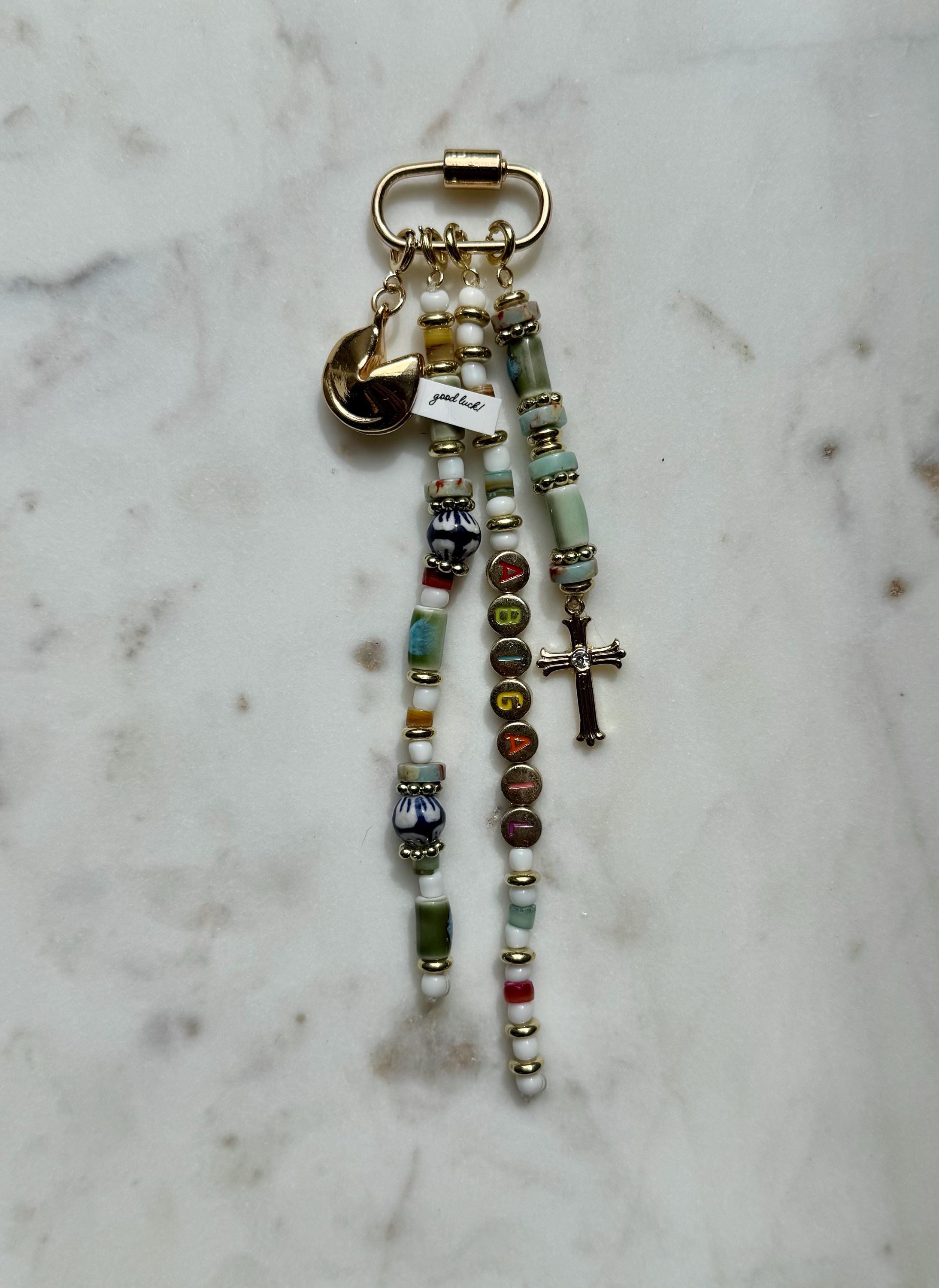 Handmade Beaded Keychain/ Bag Charm with Glass, Ceramic, and stone Beads, custom name and charms
