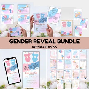 Lot de fête modifiable pour révéler le sexe - Invitations + coffret de jeu amusant + carte de visite + cartes ! Modèle de toile