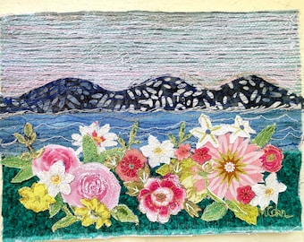 Coastal Garden Fabric Art, Appliqued & Embroidered, 11x14