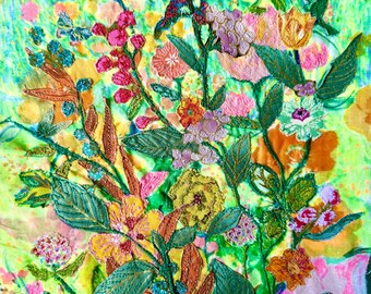 Springtime Floral Fiber Art, Rough Edge Applique, 11x13