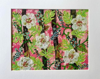 Hibiscus Fabric Collage, Embroidered Paradise Garden - Framed