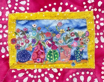 Fabric Applique Art: Cheerful Floral Still Life, 11x14 Framed