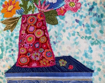 Floral Applique Fabric Art, Blue Tablecloth, Free Motion Embroidery (7x9 inches)