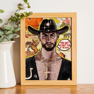 Esta não é minha primeira vez no rodeio - cowboy gay vintage - colagem - pôster impresso