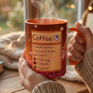 Könnte beinhalten: Eine Person hält eine dampfende orangefarbene Kaffeetasse mit einem orangefarbenen Henkel. Auf der Tasse steht "Coffee" und der Text: "It smells delicious. This is sure to give you a boost. +3 Energy, +1 Health, +1 Speed."