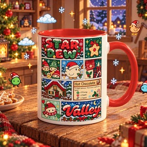 May include: A white ceramic mug with a red handle and rim, featuring a grid of pixel-art illustrations including the text 'STAR DEW' and 'Valley', a winter cabin, a hot chocolate icon with text, and various holiday-themed characters and decorations.