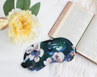 Abstract Floral Linen Modern Sleep Mask In Hunter Green, Blue, Peach Handmade Gift for Her